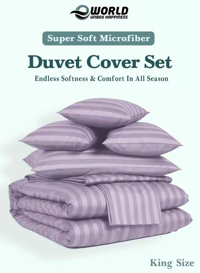 Premium Striped Duvet Set All Season – 6-Pieces Set Lilac | King Size 220x240 cm | Ultra-Soft, Wrinkle-Resistant & Made in Dubai | Includes Duvet Cover, Fitted Sheet (200x200 cm) & 4 Pillowcases (50x70 cm)-2