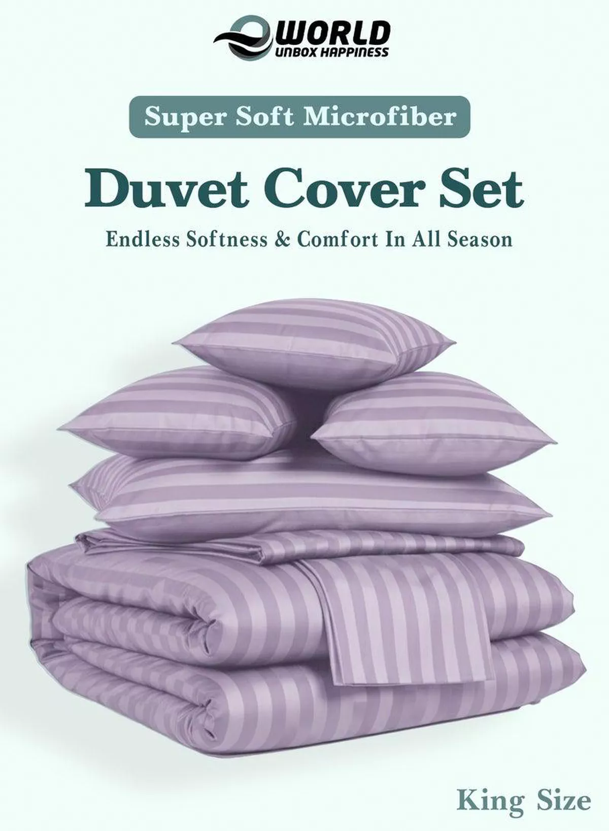 Premium Striped Duvet Set All Season – 6-Pieces Set Lilac | King Size 220x240 cm | Ultra-Soft, Wrinkle-Resistant & Made in Dubai | Includes Duvet Cover, Fitted Sheet (200x200 cm) & 4 Pillowcases (50x70 cm)-2-2