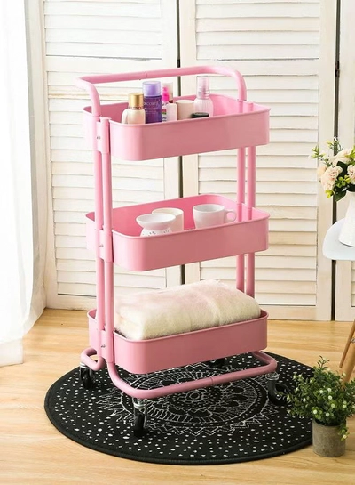 ALMUFARREJ 3-Tier Rolling Shelves Metal Cart Organizer Pink 85x45x35cm-2