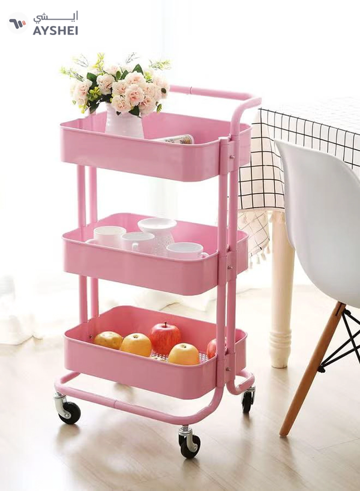ALMUFARREJ 3-Tier Rolling Shelves Metal Cart Organizer Pink 85x45x35cm-1-1