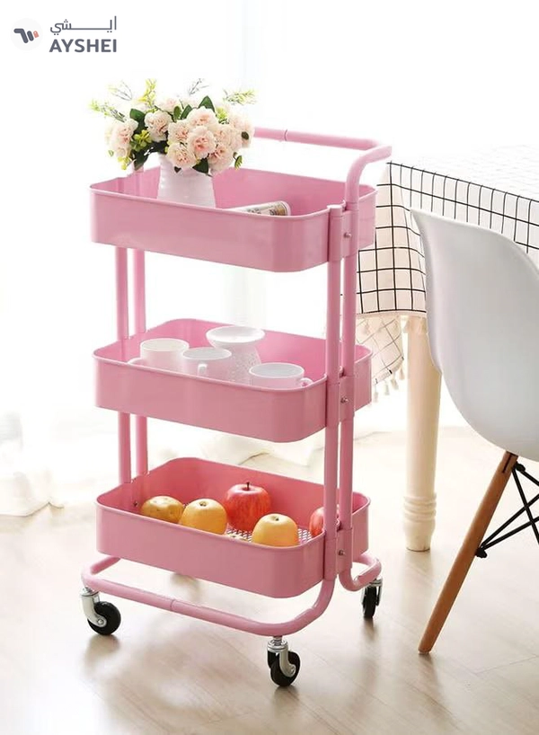 ALMUFARREJ 3-Tier Rolling Shelves Metal Cart Organizer Pink 85x45x35cm