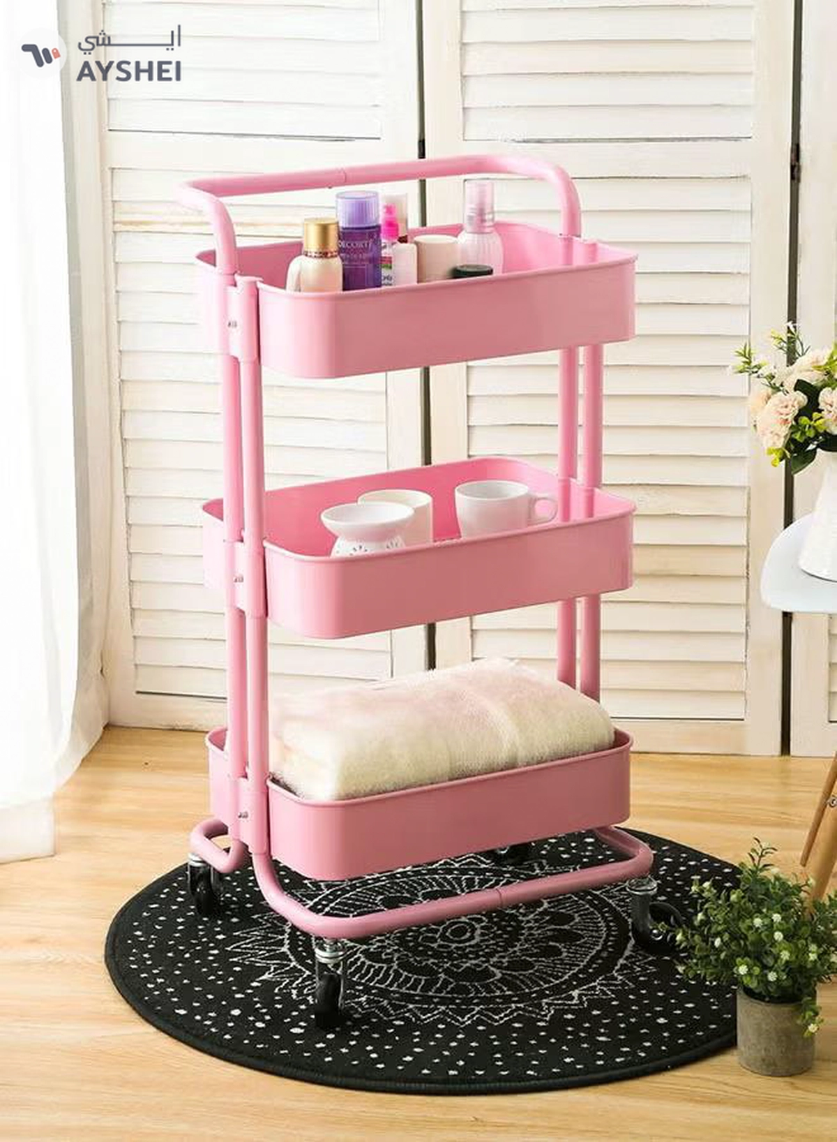 ALMUFARREJ 3-Tier Rolling Shelves Metal Cart Organizer Pink 85x45x35cm-2-2