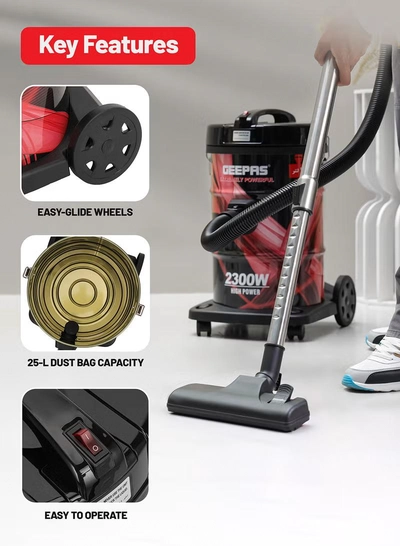 GEEPAS Drum Vacuum Cleaner With 25 L Dust Bag Capacity/Dry And Blow Function/Adjustable Suction Power And Multi-Filtration System/Dust Full Indicator & Perfect For Home, Apartments, Offices & Malls 2300 W GVC2598N Grey/Black-3