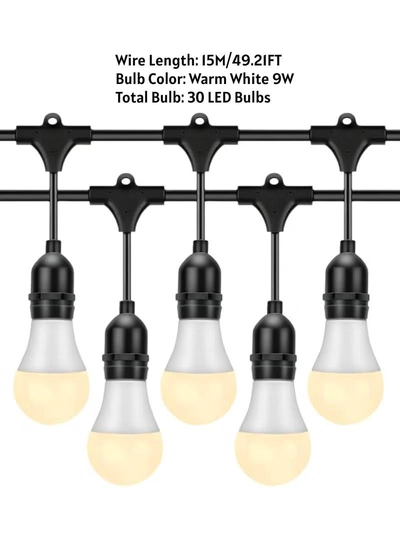 Yuwell Outdoor Waterproof IP65 Led String Lights E27 Holder 15 Meter Bulb Holder Wire With 30 Bulbs 9W Warm White With EU Plug Solar Bulb Holder For Ramadan Decoration Lights And Outdoor Decoration Light Hanging Light 6000mAh & USB-C, String Lights With Remote Control And 8 Modes Ramadan Light With Cable Ties-3