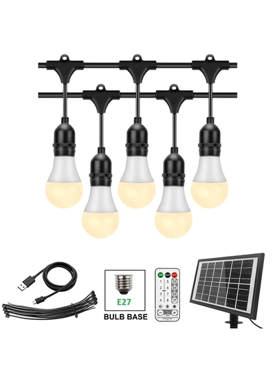 Yuwell Outdoor Waterproof IP65 Led String Lights E27 Holder 15 Meter Bulb Holder Wire With 30 Bulbs 9W Warm White With EU Plug Solar Bulb Holder For Ramadan Decoration Lights And Outdoor Decoration Light Hanging Light 6000mAh & USB-C, String Lights With Remote Control And 8 Modes Ramadan Light With Cable Ties-0