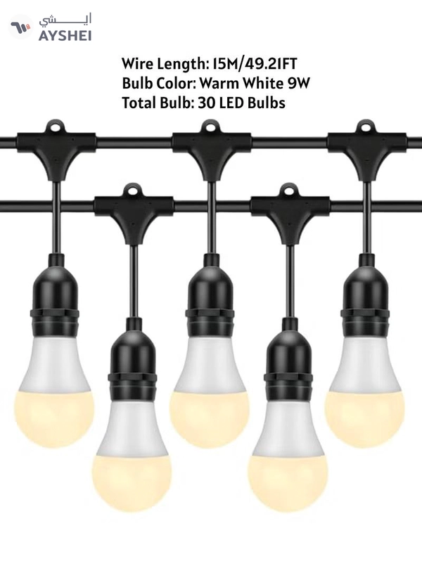 Yuwell Outdoor Waterproof IP65 Led String Lights E27 Holder 15 Meter Bulb Holder Wire With 30 Bulbs 9W Warm White With EU Plug Solar Bulb Holder For Ramadan Decoration Lights And Outdoor Decoration Light Hanging Light 6000mAh & USB-C, String Lights With Remote Control And 8 Modes Ramadan Light With Cable Ties