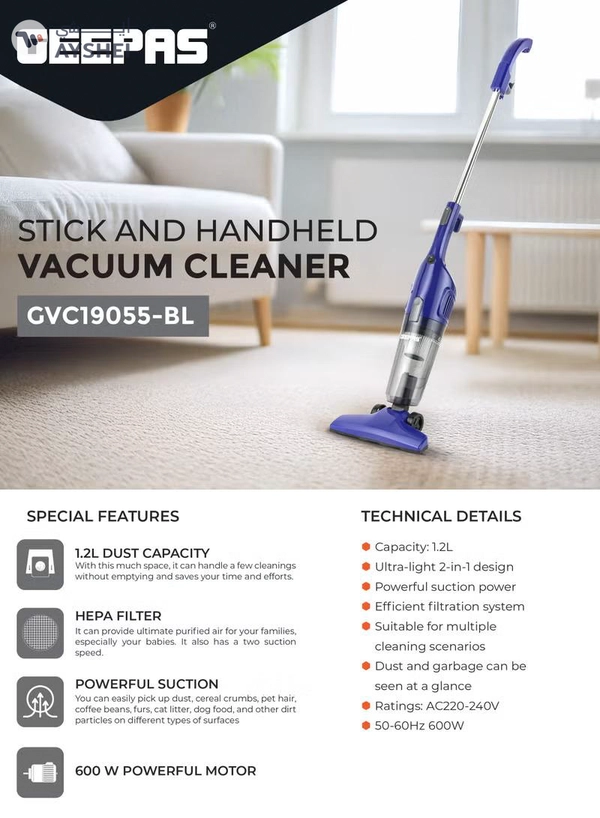 GEEPAS Stick And Handheld Vacuum Cleaner, HEPA Filter, 1.2L Dust Bag Capacity, 600W Powerful Motor, Transparent Dust Cup for Easy Check, Lightweight Body And Low Noise 1.2 L 600 W GVC19055-BL Blue