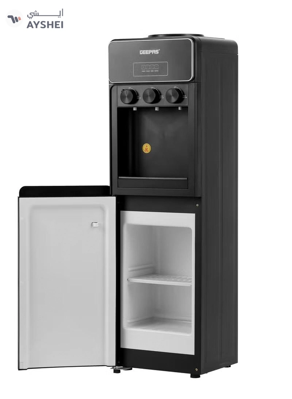 GEEPAS Hot And Cold Water Dispenser With Cabinet, Stainless Steel Water Tank, Normal, Hot & Cold Function, Child Safety Lock, Adjustable Water Flow, 3 Knob Tap, Glass Door, Low Noise, High Efficient GWD17038 Black