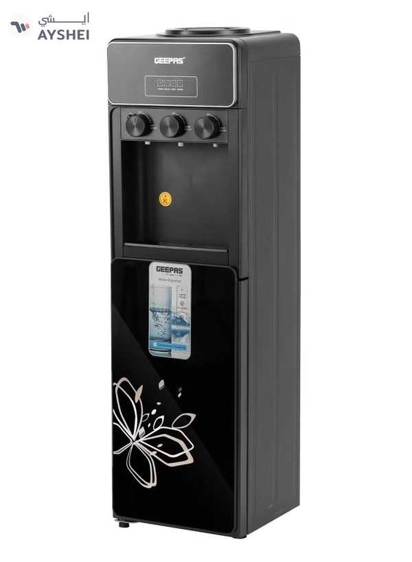 GEEPAS Hot And Cold Water Dispenser With Cabinet, Stainless Steel Water Tank, Normal, Hot & Cold Function, Child Safety Lock, Adjustable Water Flow, 3 Knob Tap, Glass Door, Low Noise, High Efficient GWD17038 Black