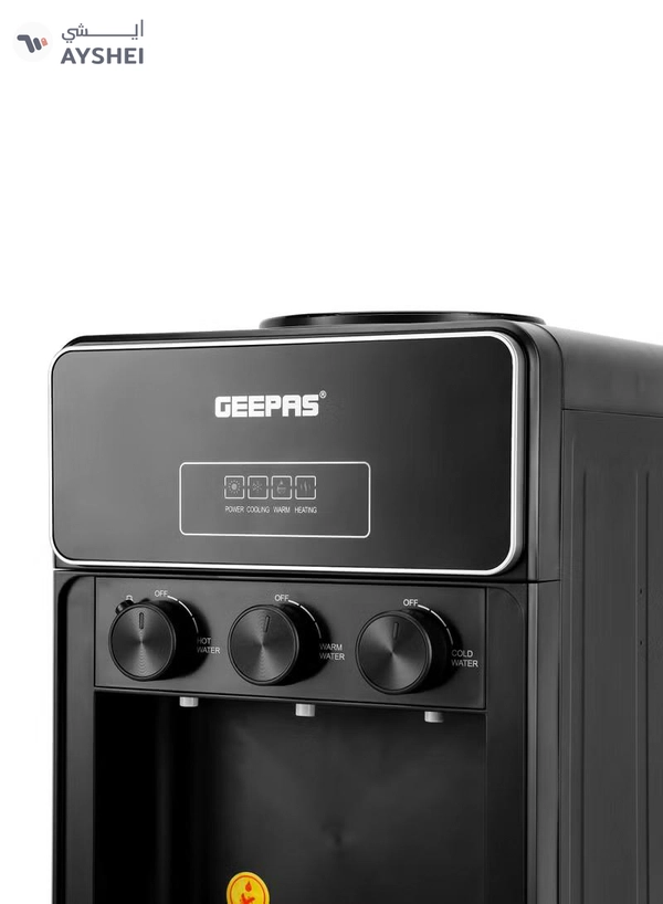 GEEPAS Hot And Cold Water Dispenser With Cabinet, Stainless Steel Water Tank, Normal, Hot & Cold Function, Child Safety Lock, Adjustable Water Flow, 3 Knob Tap, Glass Door, Low Noise, High Efficient GWD17038 Black