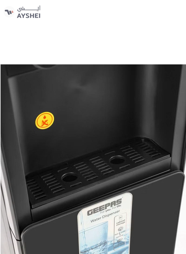GEEPAS Hot And Cold Water Dispenser With Cabinet, Stainless Steel Water Tank, Normal, Hot & Cold Function, Child Safety Lock, Adjustable Water Flow, 3 Knob Tap, Glass Door, Low Noise, High Efficient GWD17038 Black