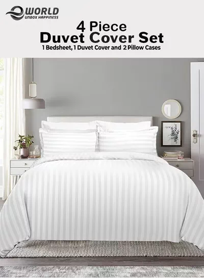 Eworld Premium Striped Duvet Set All Season – 4-Pieces Set White | King Size 220x240 cm | Ultra-Soft, Wrinkle-Resistant & Made-0