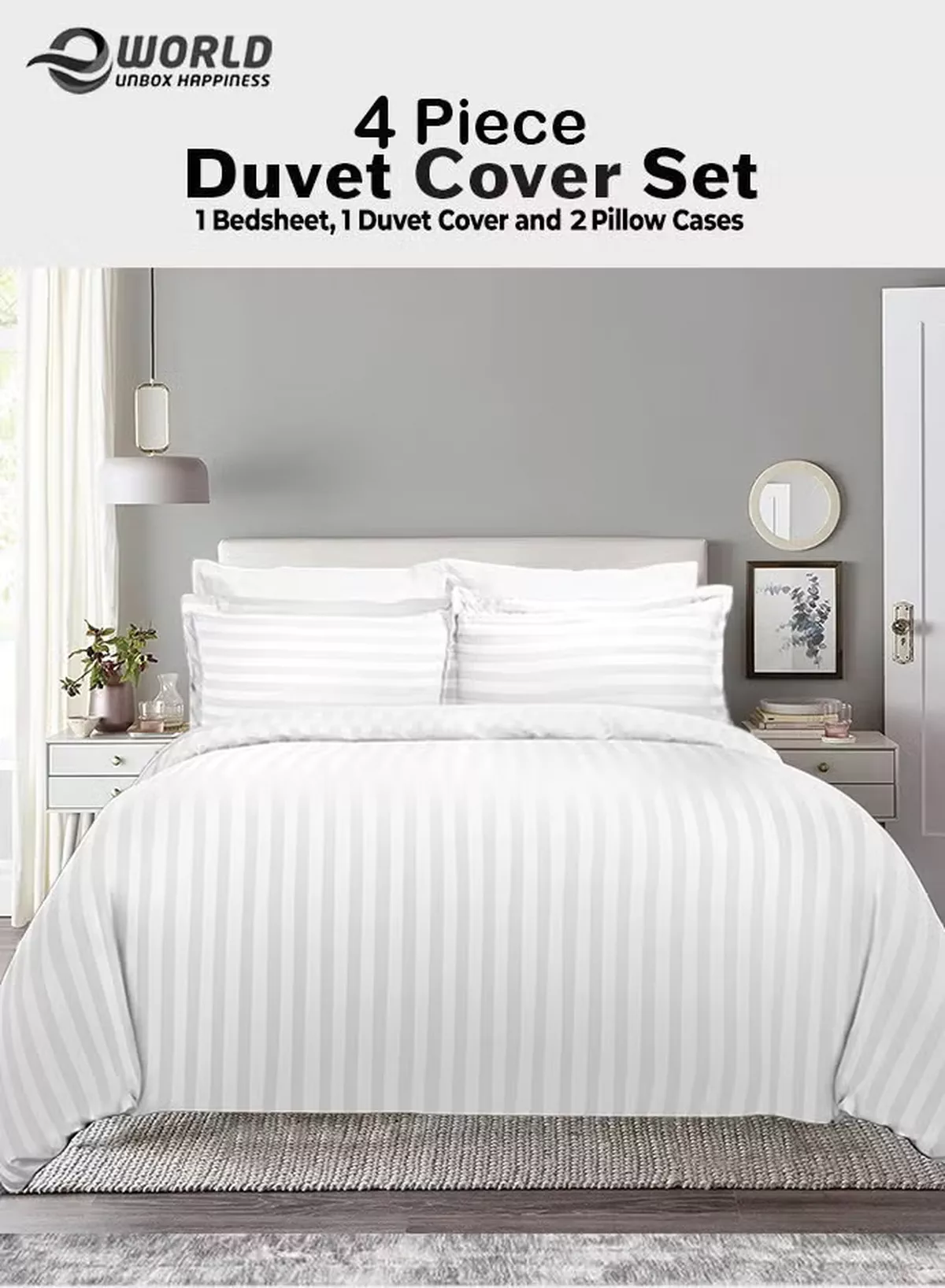 Eworld Premium Striped Duvet Set All Season – 4-Pieces Set White | King Size 220x240 cm | Ultra-Soft, Wrinkle-Resistant & Made