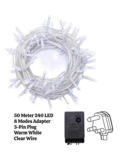Yuwell 50 Meter 240 LED String Lights Decoration Lights Warm White Light 8 Modes Led Light Clear Wire For Home Decorations Ramadan Lights Indoor & Outdoor Decoration Ramadan Decoration Light Diwali Lights Curtain Lights With 3-Pin UK Plug-2