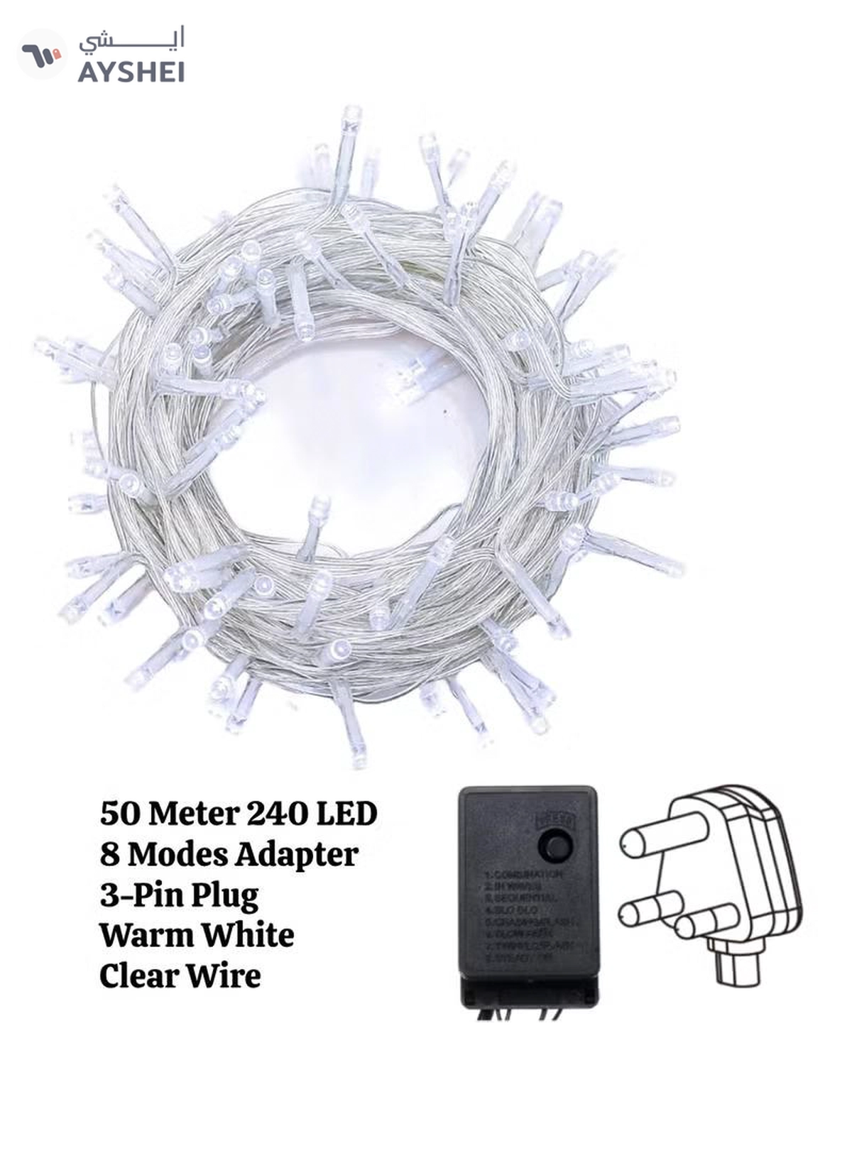 Yuwell 50 Meter 240 LED String Lights Decoration Lights Warm White Light 8 Modes Led Light Clear Wire For Home Decorations Ramadan Lights Indoor & Outdoor Decoration Ramadan Decoration Light Diwali Lights Curtain Lights With 3-Pin UK Plug-2-2