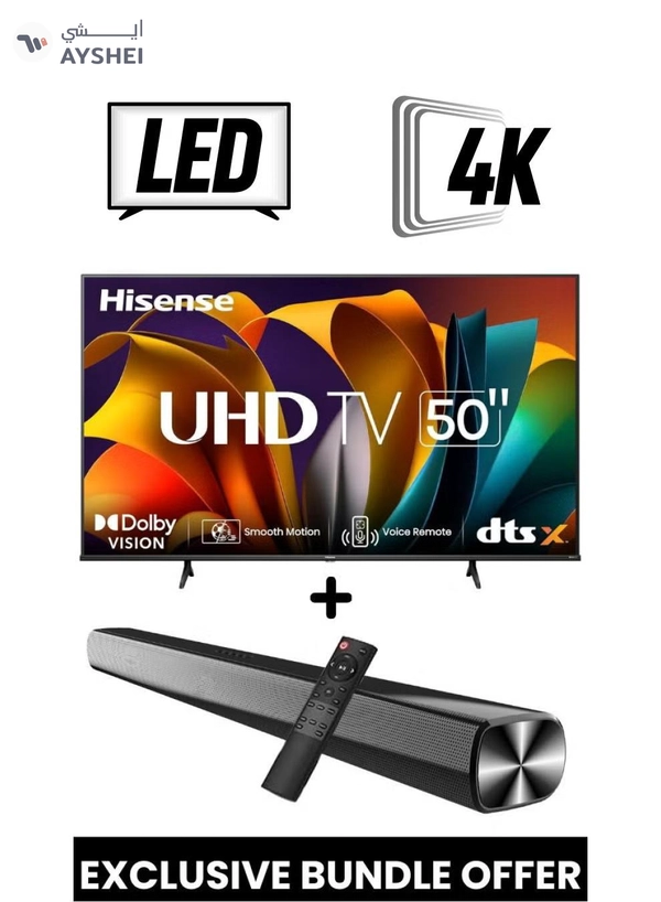 Hisense 50-Inch A61N 4K UHD LED Smart TV + Powerful 2.0 Ch Soundbar | VIDAA Smart OS, 60 Hz, HDR10, 4K AI Upscaling, Direct Full Array | USB, HDMI ARC, Bluetooth - 50A61N+SOUNDBAR (2024) 50A61N+SOUNDBAR black