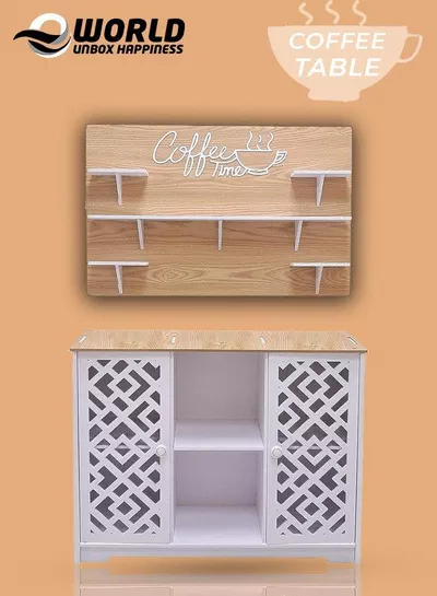 White and Brown Coffee Corner Table, Scratch-Resistant, Fire-Rated Plastic Coffee Table with Lightweight Hanging Shelves and Storage Cabinet, Perfect for Office, Living Room and Kitchen Spaces-0