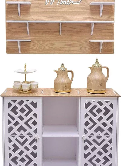 White and Brown Coffee Corner Table, Scratch-Resistant, Fire-Rated Plastic Coffee Table with Lightweight Hanging Shelves and Storage Cabinet, Perfect for Office, Living Room and Kitchen Spaces-2