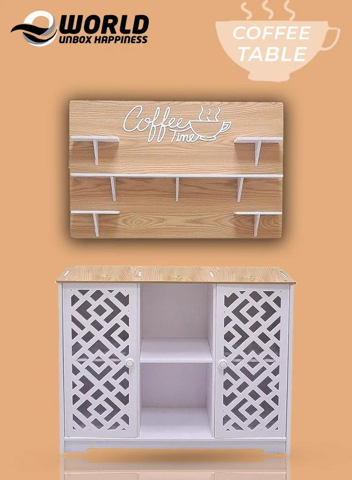 White and Brown Coffee Corner Table, Scratch-Resistant, Fire-Rated Plastic Coffee Table with Lightweight Hanging Shelves and Storage Cabinet, Perfect for Office, Living Room and Kitchen Spaces
