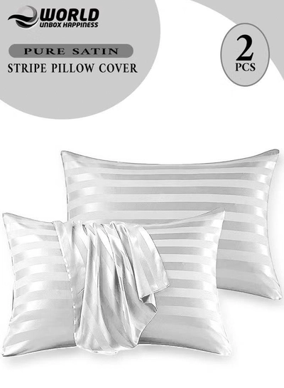 Eworld Set of 2 White Satin Stripe Pillow Covers Featuring 300 Thread Count, 1cm Satin Stripe-0