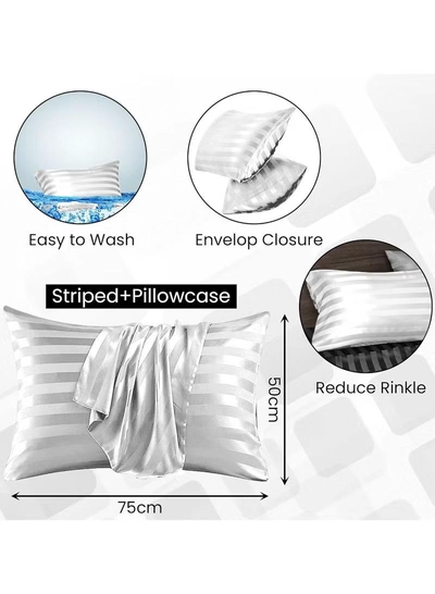 Eworld Set of 2 White Satin Stripe Pillow Covers Featuring 300 Thread Count, 1cm Satin Stripe-1
