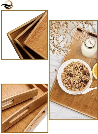Eworld Stackable Bamboo Serving Tray With Handles, Set of 3 Sizes Decorative Nesting Wooden Trays-3