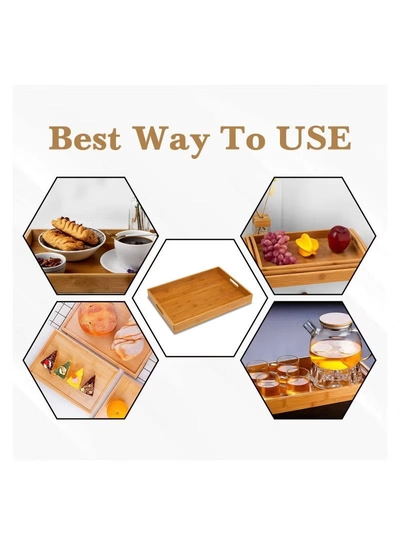 Eworld Stackable Bamboo Serving Tray With Handles, Set of 3 Sizes Decorative Nesting Wooden Trays-4