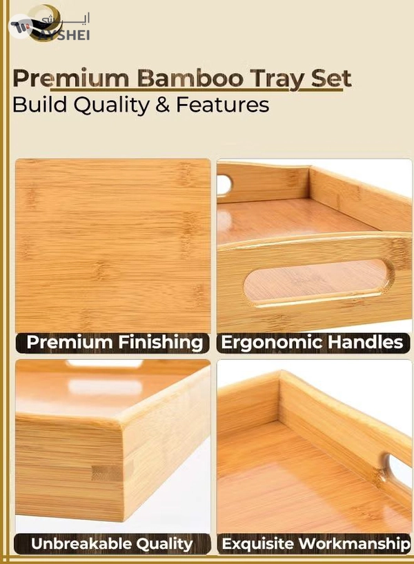 Eworld Stackable Bamboo Serving Tray With Handles, Set of 3 Sizes Decorative Nesting Wooden Trays