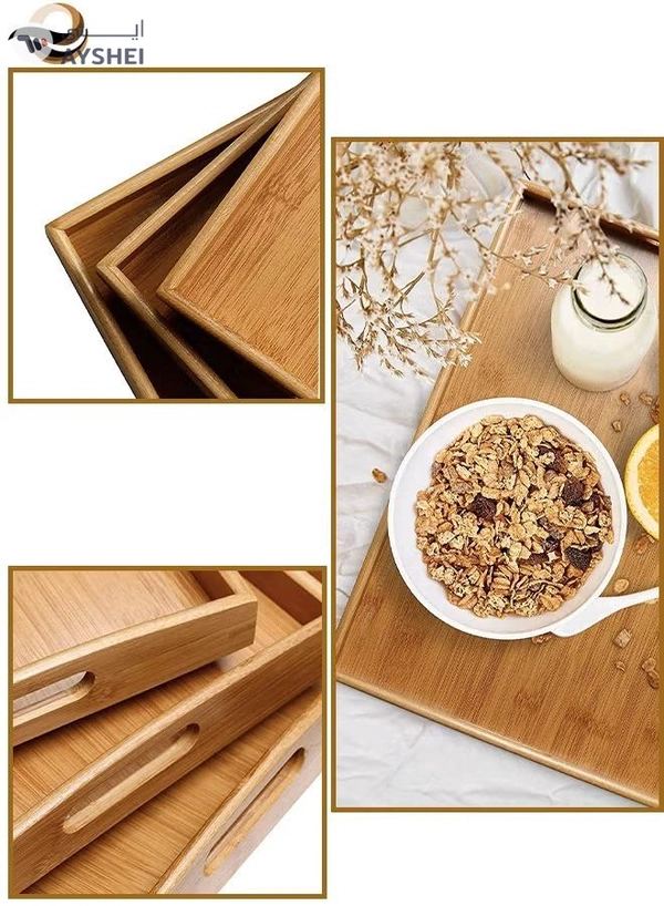Eworld Stackable Bamboo Serving Tray With Handles, Set of 3 Sizes Decorative Nesting Wooden Trays