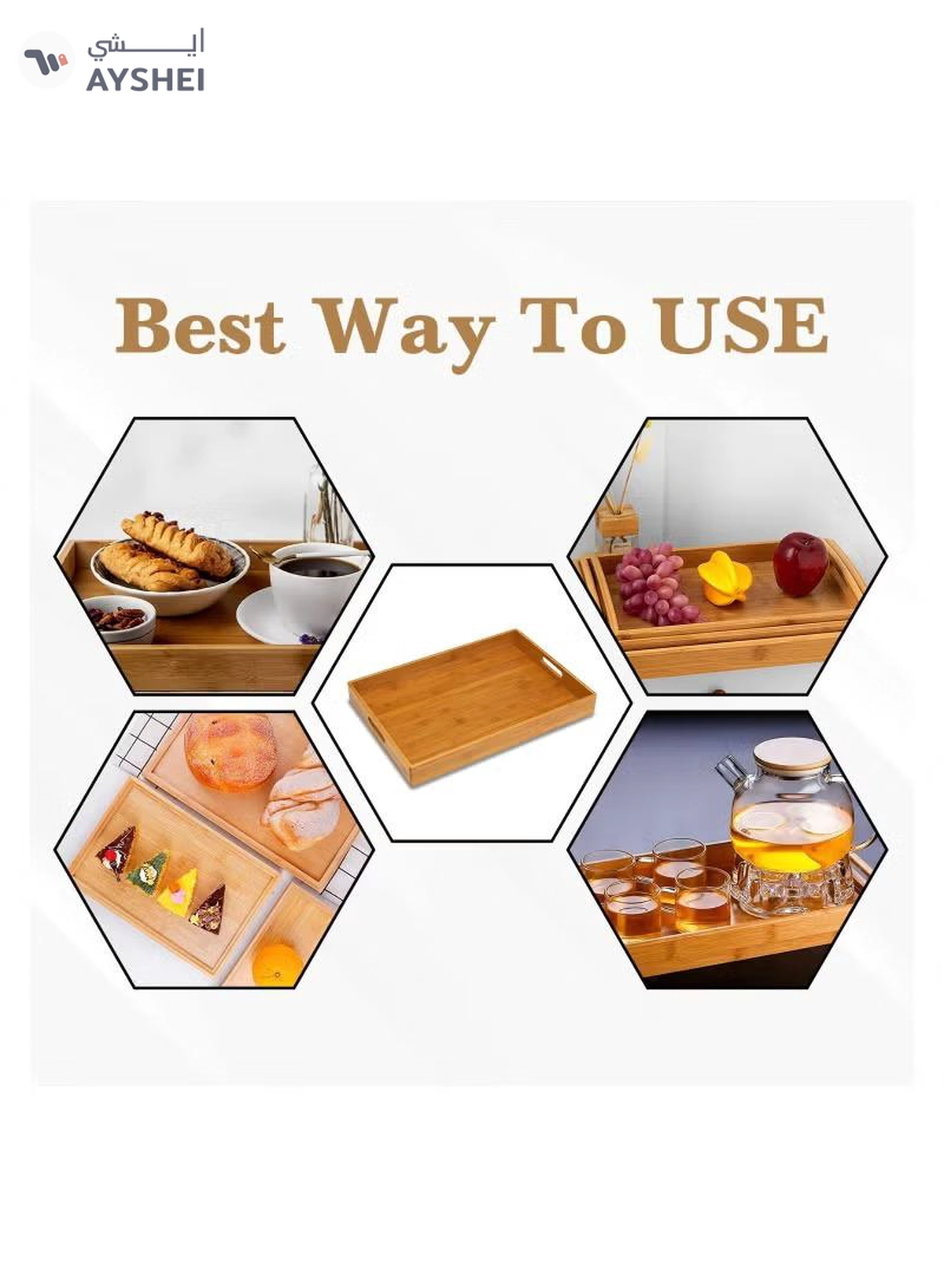 Eworld Stackable Bamboo Serving Tray With Handles, Set of 3 Sizes Decorative Nesting Wooden Trays-4-4