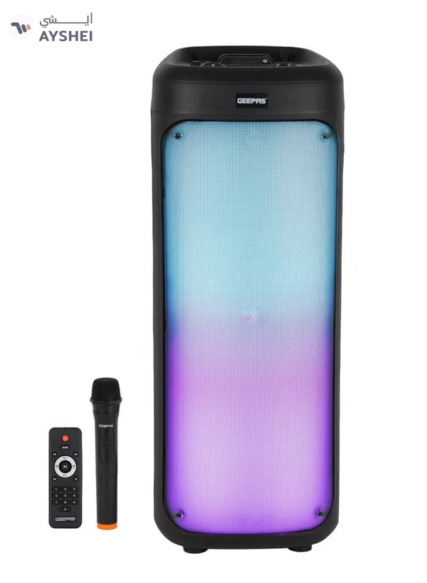 GEEPAS Rechargeable Portable Speaker- GMS11194/ RGB Light, USB Input, TF, TWS, FM Radio, VHF Microphone, Bluetooth/ 30000W PMPO Speakers Unit, with Remote Control/ Perfect for Parties, Events, Home Entertainment/ Black, 2 Years Warranty