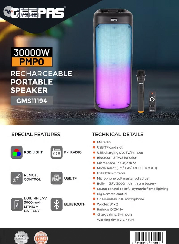GEEPAS Rechargeable Portable Speaker- GMS11194/ RGB Light, USB Input, TF, TWS, FM Radio, VHF Microphone, Bluetooth/ 30000W PMPO Speakers Unit, with Remote Control/ Perfect for Parties, Events, Home Entertainment/ Black, 2 Years Warranty