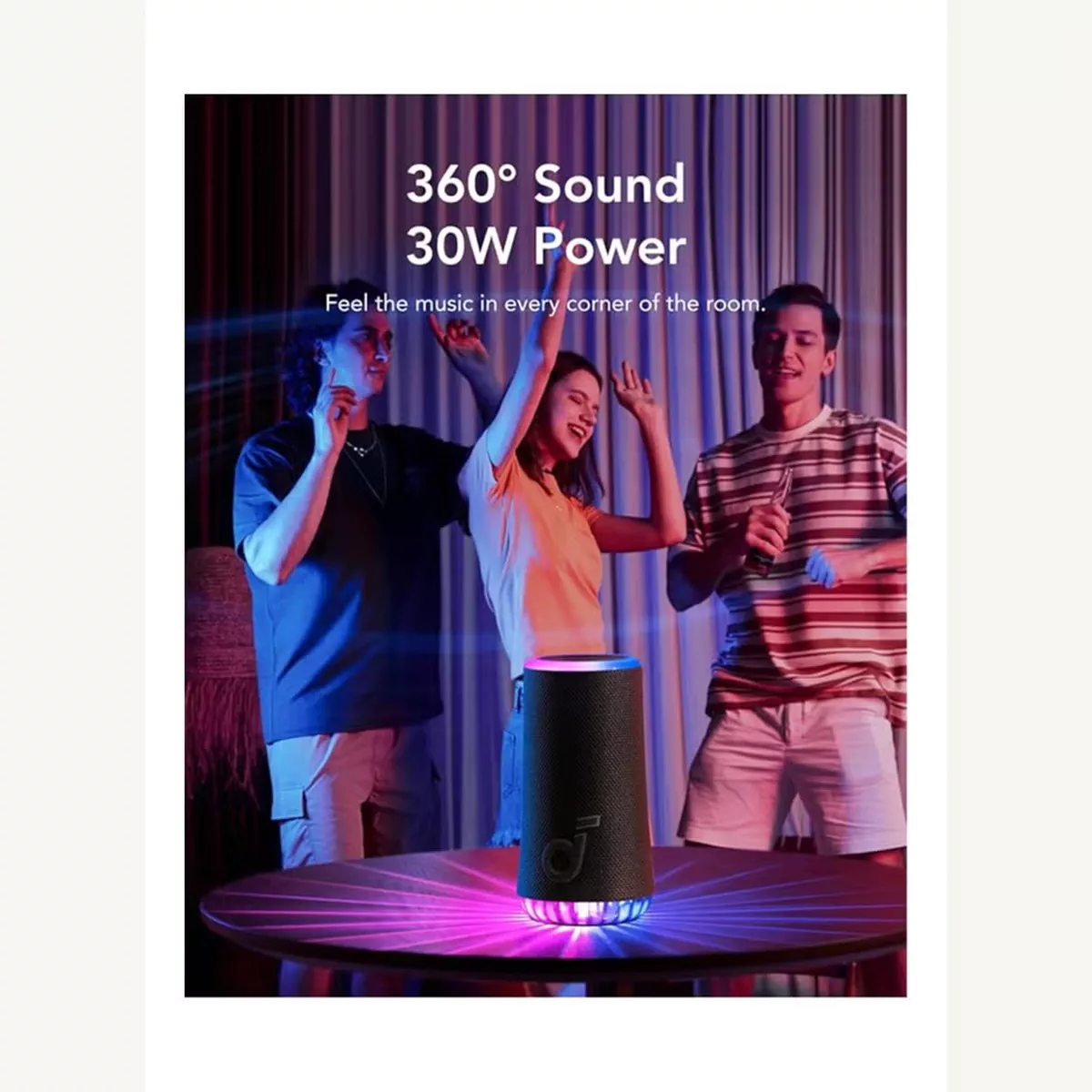 Soundcore Glow Portable Speaker With 30W 360° Sound, Synchronized Radiant Light, 18H Playback, Customizable EQ And Light Show, And IP67 Waterproof Black-2-2