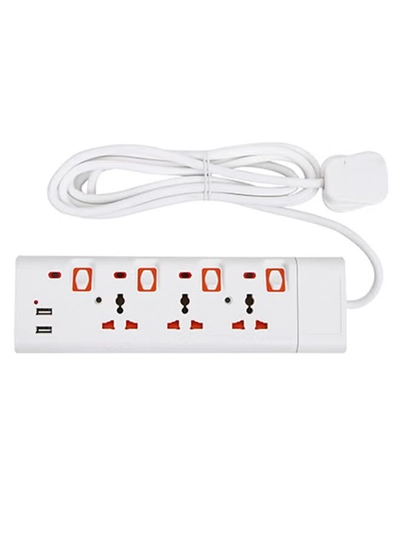 Geepas 3 Way Extension Socket with 2 USB Port - 4 Led Indicators with Power Switches | Extra Long 3m Cord, Over Current Protected | Ideal for All Electronic Devices White/Orange-0