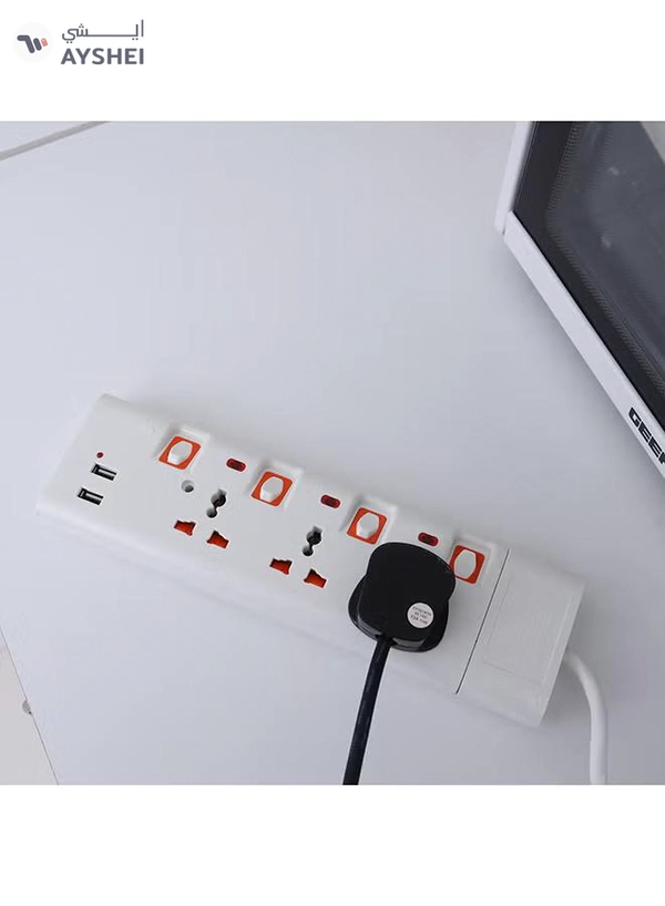 Geepas 3 Way Extension Socket with 2 USB Port - 4 Led Indicators with Power Switches | Extra Long 3m Cord, Over Current Protected | Ideal for All Electronic Devices White/Orange