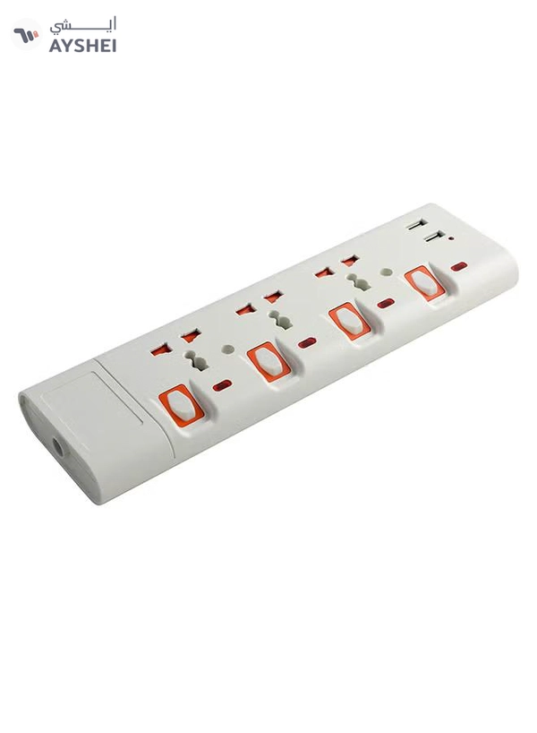 Geepas 3 Way Extension Socket with 2 USB Port - 4 Led Indicators with Power Switches | Extra Long 3m Cord, Over Current Protected | Ideal for All Electronic Devices White/Orange