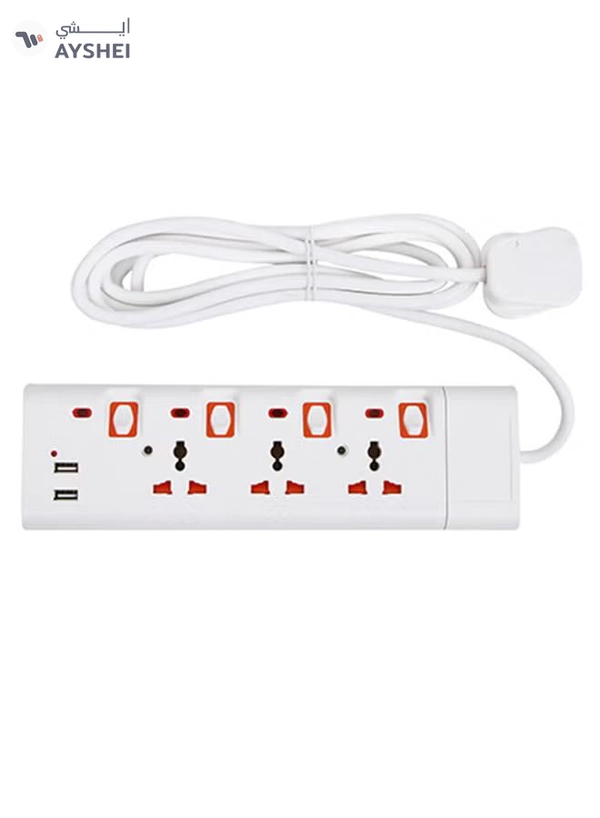 Geepas 3 Way Extension Socket with 2 USB Port - 4 Led Indicators with Power Switches | Extra Long 3m Cord, Over Current Protected | Ideal for All Electronic Devices White/Orange