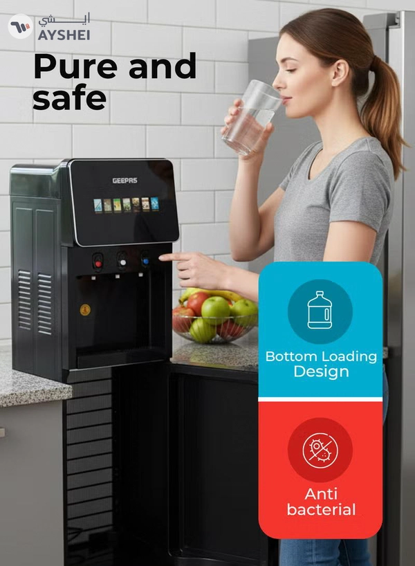 Geepas Digital Bottom Loading Water Dispenser tainless Steel Tank, Touchscreen Display/ 6 Preset Temperatures, Hot and Cold Use, Luxury Design, Perfect for Home, School, Apartments, Office, etc./ Black, 2 Year Warranty GWD17043 BLACK