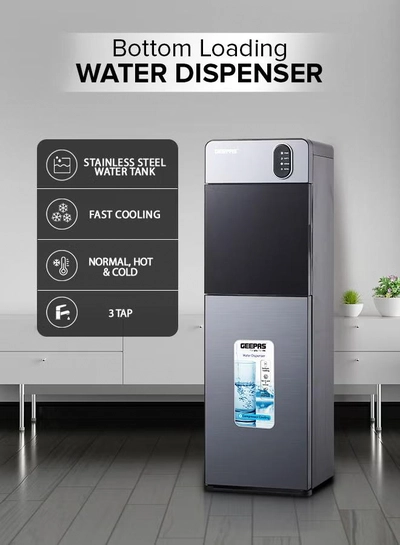 GEEPAS Bottom Loading Water Dispenser| Normal, Hot and Cold Function, Compressor Cooling, And 3 Taps| Cold Temperature: 4-12 Degrees Celsius; Hot Temperature: 85-95 Degrees Celsius| Perfect For Home And Office| Metallic grey, 2 Year Warranty GWD17037 Grey & Black-0