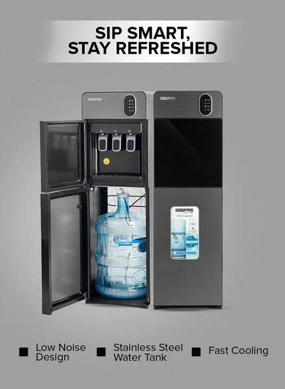 GEEPAS Bottom Loading Water Dispenser| Normal, Hot and Cold Function, Compressor Cooling, And 3 Taps| Cold Temperature: 4-12 Degrees Celsius; Hot Temperature: 85-95 Degrees Celsius| Perfect For Home And Office| Metallic grey, 2 Year Warranty GWD17037 Grey & Black-1