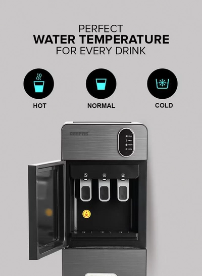 GEEPAS Bottom Loading Water Dispenser| Normal, Hot and Cold Function, Compressor Cooling, And 3 Taps| Cold Temperature: 4-12 Degrees Celsius; Hot Temperature: 85-95 Degrees Celsius| Perfect For Home And Office| Metallic grey, 2 Year Warranty GWD17037 Grey & Black-5