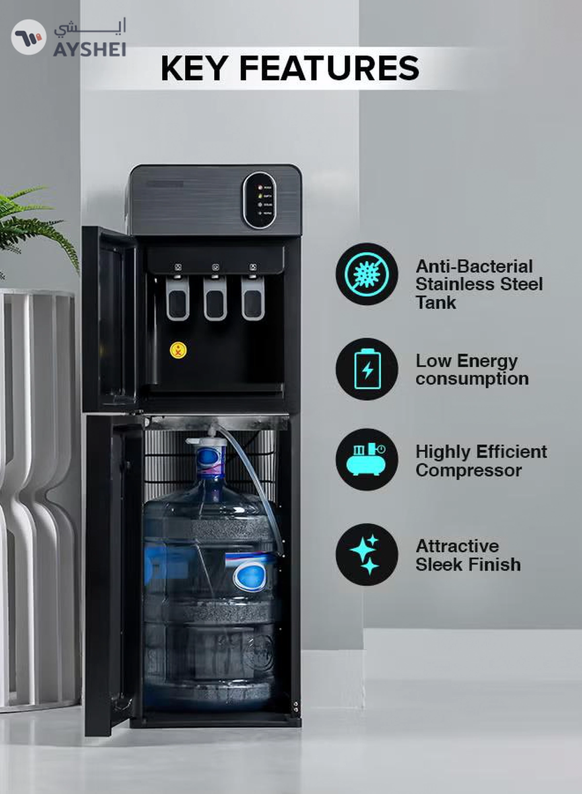 GEEPAS Bottom Loading Water Dispenser| Normal, Hot and Cold Function, Compressor Cooling, And 3 Taps| Cold Temperature: 4-12 Degrees Celsius; Hot Temperature: 85-95 Degrees Celsius| Perfect For Home And Office| Metallic grey, 2 Year Warranty GWD17037 Grey & Black-4-4