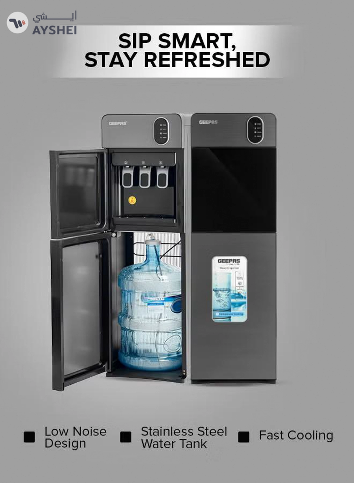 GEEPAS Bottom Loading Water Dispenser| Normal, Hot and Cold Function, Compressor Cooling, And 3 Taps| Cold Temperature: 4-12 Degrees Celsius; Hot Temperature: 85-95 Degrees Celsius| Perfect For Home And Office| Metallic grey, 2 Year Warranty GWD17037 Grey & Black-1-1
