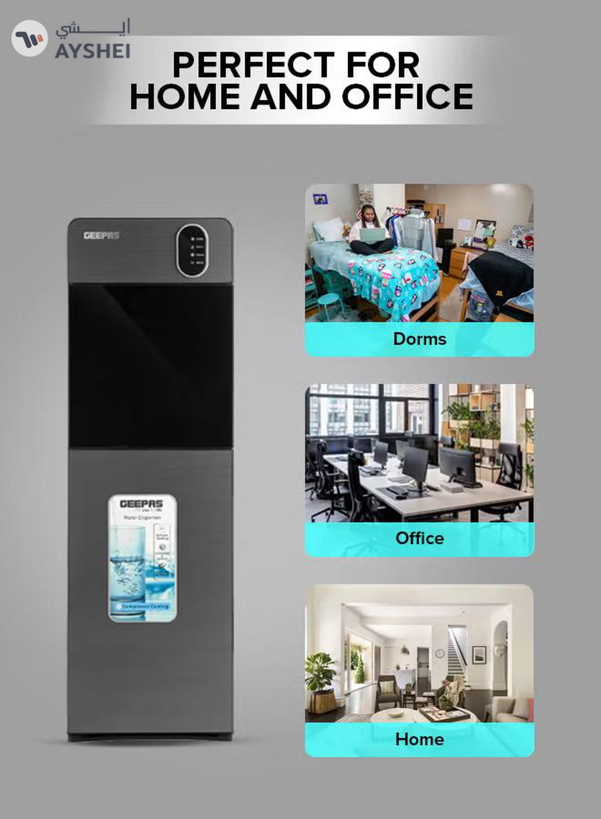 GEEPAS Bottom Loading Water Dispenser| Normal, Hot and Cold Function, Compressor Cooling, And 3 Taps| Cold Temperature: 4-12 Degrees Celsius; Hot Temperature: 85-95 Degrees Celsius| Perfect For Home And Office| Metallic grey, 2 Year Warranty GWD17037 Grey & Black-3-3