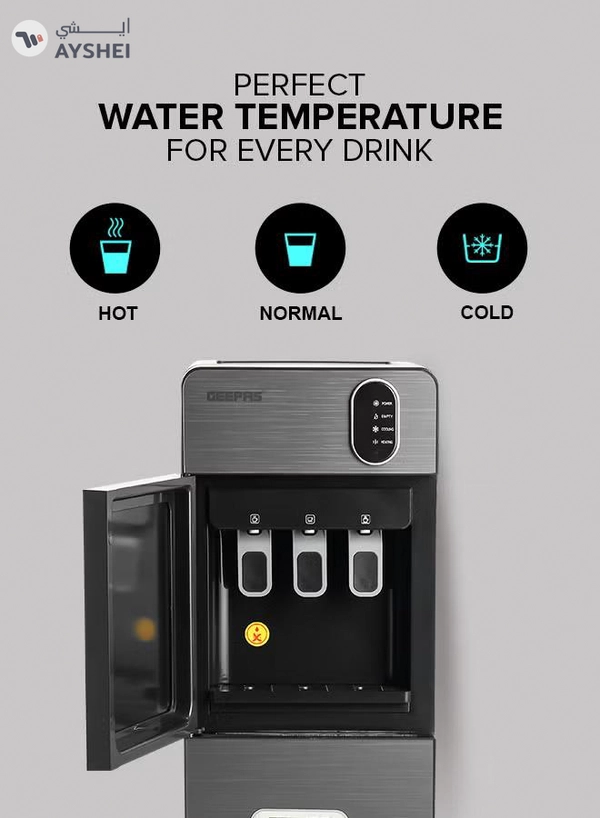GEEPAS Bottom Loading Water Dispenser| Normal, Hot and Cold Function, Compressor Cooling, And 3 Taps| Cold Temperature: 4-12 Degrees Celsius; Hot Temperature: 85-95 Degrees Celsius| Perfect For Home And Office| Metallic grey, 2 Year Warranty GWD17037 Grey & Black