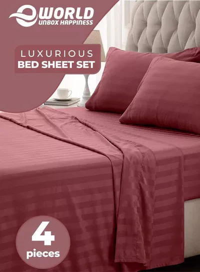 4-Piece Luxury King Size Maroon Striped Bedding Set Includes 1 Duvet Cover (220x240cm), 1 Fitted Bed Sheet (200x200+30cm), and 2 Pillow Cases (48x74+5cm) for Ultimate Hotel-Inspired Sophistication-0