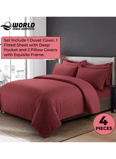 4-Piece Luxury King Size Maroon Striped Bedding Set Includes 1 Duvet Cover (220x240cm), 1 Fitted Bed Sheet (200x200+30cm), and 2 Pillow Cases (48x74+5cm) for Ultimate Hotel-Inspired Sophistication-4
