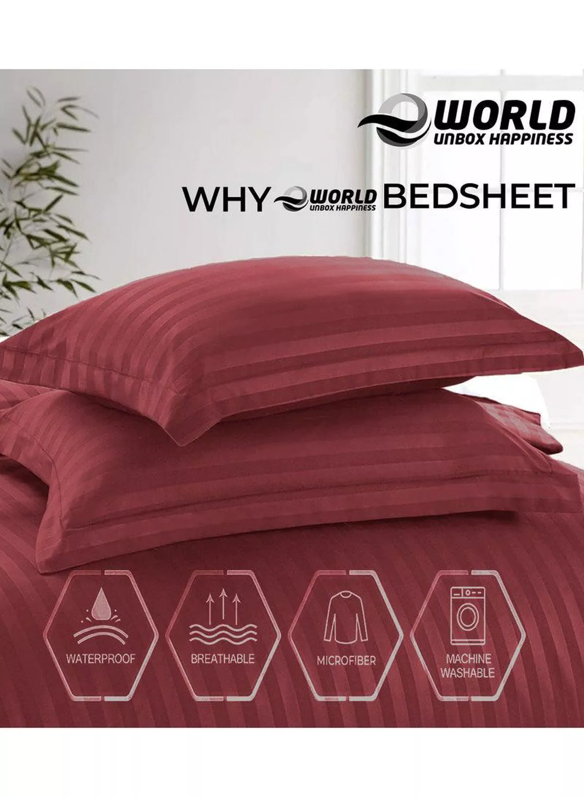 4-Piece Luxury King Size Maroon Striped Bedding Set Includes 1 Duvet Cover (220x240cm), 1 Fitted Bed Sheet (200x200+30cm), and 2 Pillow Cases (48x74+5cm) for Ultimate Hotel-Inspired Sophistication-2-2