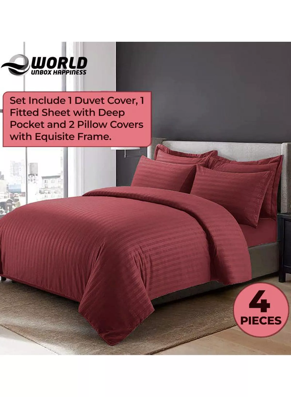 4-Piece Luxury King Size Maroon Striped Bedding Set Includes 1 Duvet Cover (220x240cm), 1 Fitted Bed Sheet (200x200+30cm), and 2 Pillow Cases (48x74+5cm) for Ultimate Hotel-Inspired Sophistication-4-4