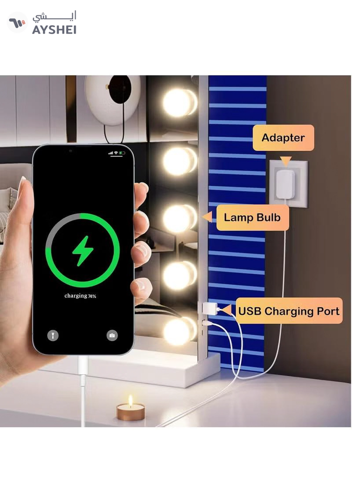 Joyelink Vanity Mirror with Lights Lighted Makeup Mirror with Dimmable LED Bulbs,3 Color Lighting Modes,USB Charging Port Touch Control,Sturdy Metal Frame Design,White (22.8"L x 18"W)-7-7